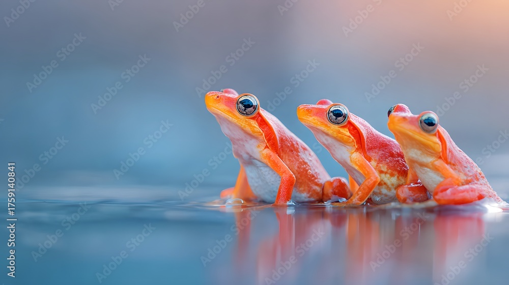 Naklejka premium Three bright orange frogs sit in calm water.