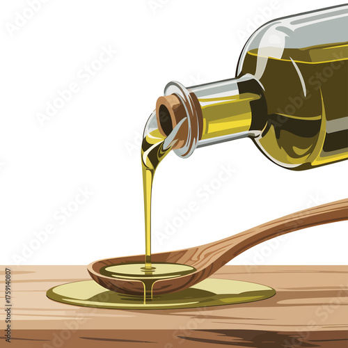 Olive oil pouring from a bottle into a wooden spoon