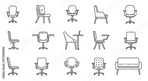 ergonomic chair icons office furniture designs offering support and posture perfect for web design or presentations focusing on workplace comfort health productivity