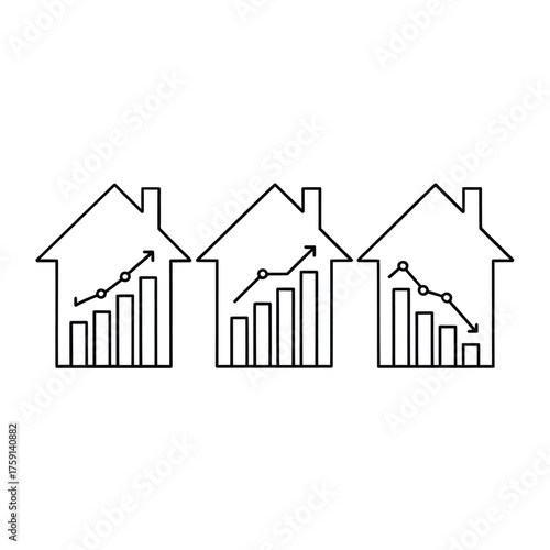 Real estate market trends with up and down arrows and bar charts