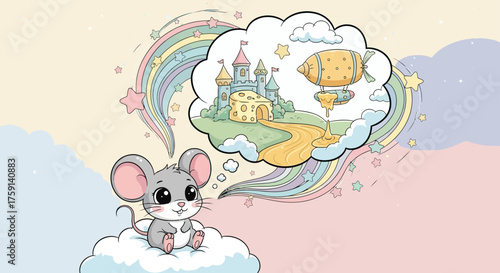 mouse dreaming of a cheese castle and airship a whimsical fantasy world with rainbows and stars perfect for childrens books and fairytale illustrations