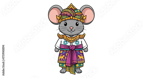 Mouse in traditional Balinese attire a whimsical illustration celebrating Indonesian culture and ancient customs ideal for cultural education and travel guides.