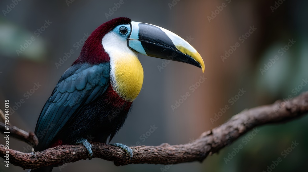 Obraz premium Colorful toucan perched on a branch in a natural environment.