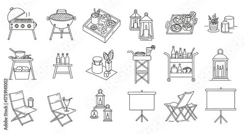 outdoor entertaining line art illustrations bbq grill tables chairs and lanterns for summer parties and backyard gatherings illustrating outdoor living