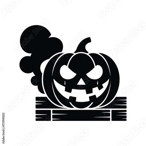 Spooky halloween jack o lantern with smoke on wooden crate