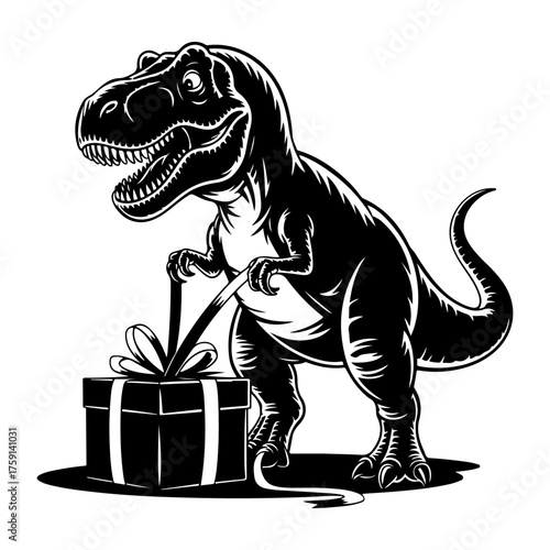 T-Rex Present Surprise A Prehistoric Celebration in Black and White