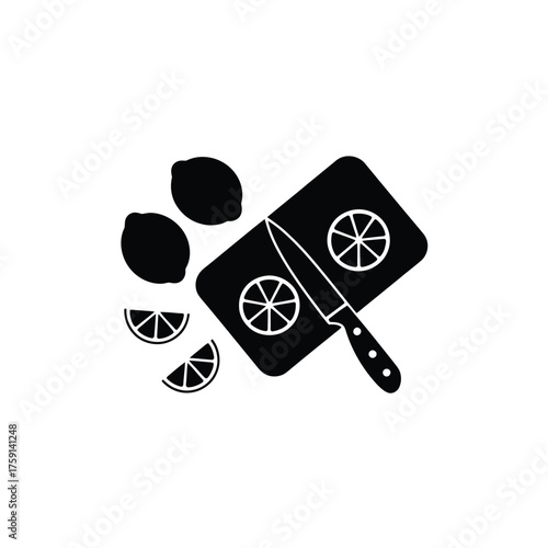 Hand drawn illustration of lemons being sliced on a cutting board with a knife