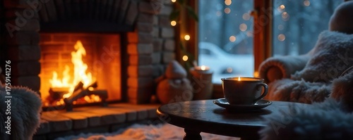 Cozy Winter Fireplace Scene Warm Glow, Plush Sofa, Steaming Mug, Hygge Relaxation