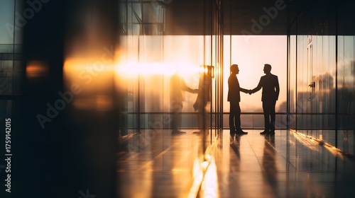 Two businessmen shake hands at sunset in a modern office hallway.