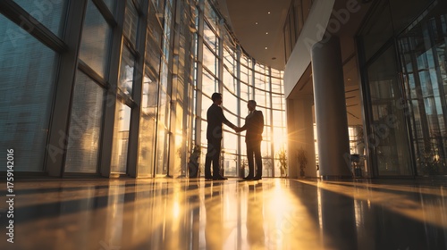 Business partners shake hands in a modern building with sun flare.
