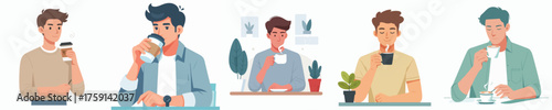 Man Drinking Coffee Illustration Set. Male Character Enjoying Hot Beverage, Taking a Break, or Working in Cafe Vector.