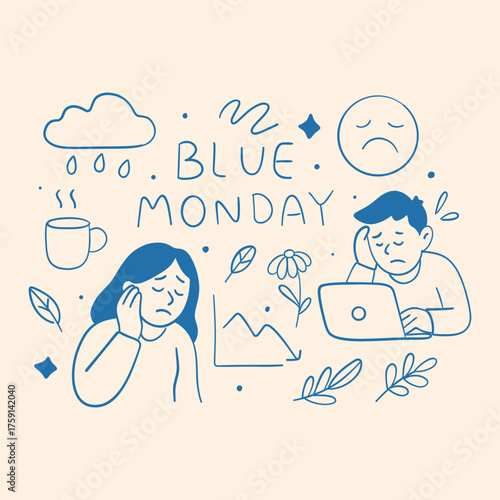 Blue Monday Sad Illustration Set