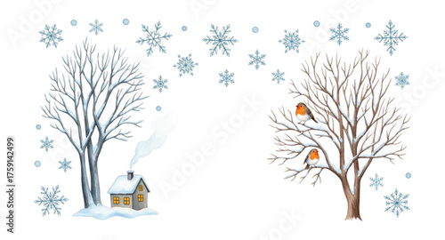 winter landscape with tree and birds