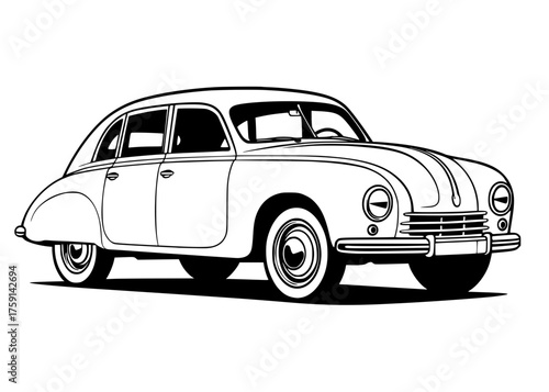 Classic Streamlined Sedan Vector,Retro 1940s Automobile Line Art
