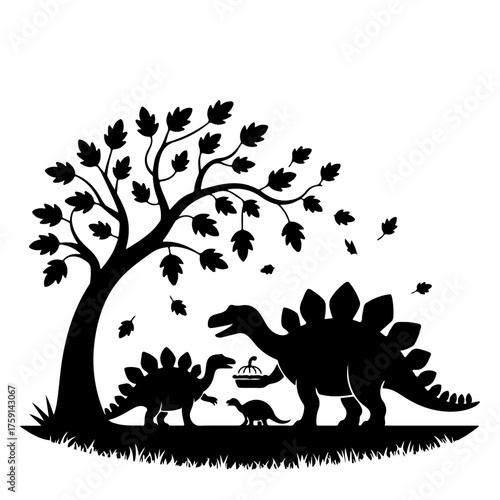 Charming silhouette illustration of a prehistoric stegosaurus family nurturing its young under a vibrant autumn tree with falling leaves, depicting ancient life and parental care