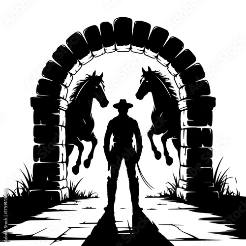 Cowboy and Horses Silhouette A Western-Themed Graphic Depicting Courage and the Wild West