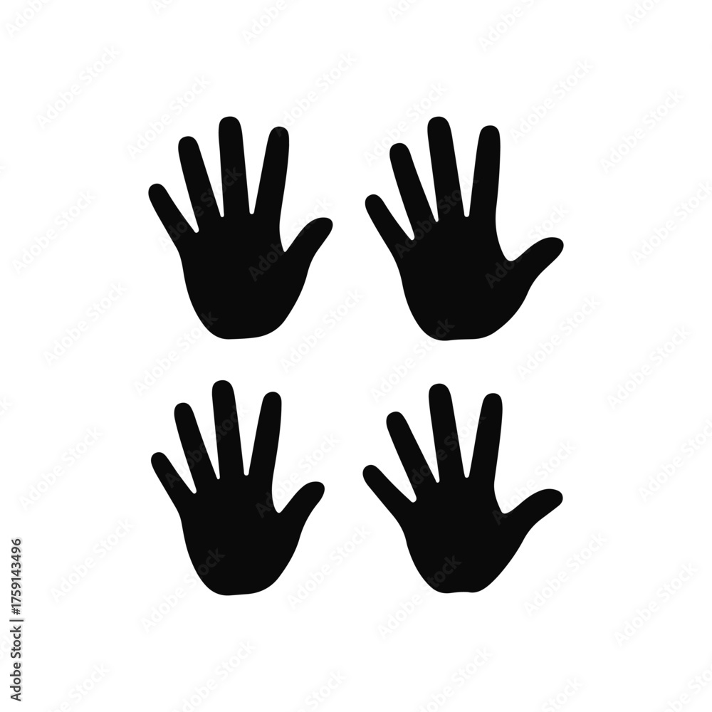Obraz premium Black Silhouette Handprints Four Isolated Human Hands on White