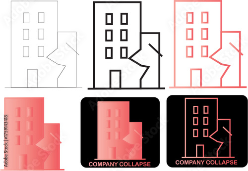 Company collapse and business failure concept icon. A broken building symbolizes a failed idea, designed in a minimalist modern flat vector style