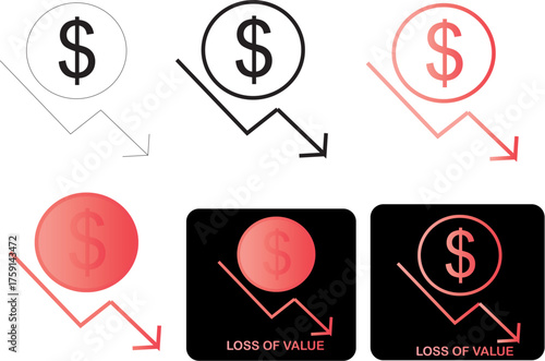 Financial decline represented by a red dollar sign and a downward arrow, indicating loss of value and economic downturn