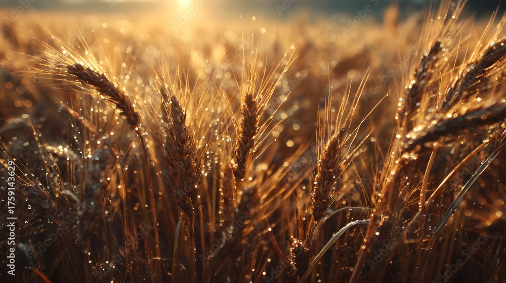 Fototapeta premium Golden wheat field illuminated by sunrise with sparkling dew drops.