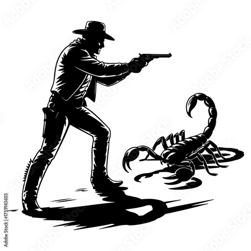 Cowboy facing a dangerous scorpion in a duel in the Wild West