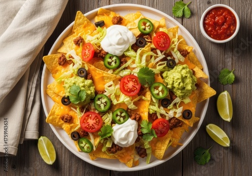 Fully loaded nachos with guacamole, sour cream, jalapeños and fresh toppings on rustic table