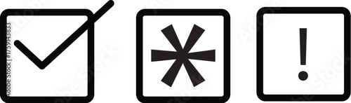 Collection of essential web form validation symbols a checked box, an asterisk, and an exclamation mark isolated on a white background