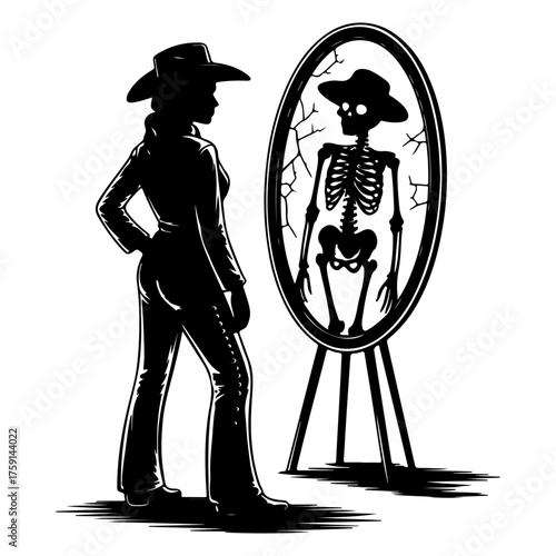 Western-clad woman confronts her deepest self, seeing a haunting skeletal reflection in an ornate mirror, a monochrome illustration exploring mortality and inner identity