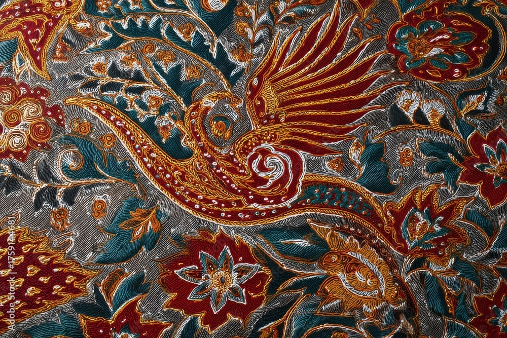 Fototapeta premium Batik Fabric: Intricate patterns and vibrant colors of the batik fabric weave a tapestry of culture and heritage.