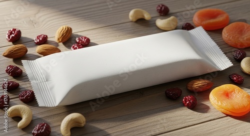 Energy bar with dried fruit and nuts on wooden background