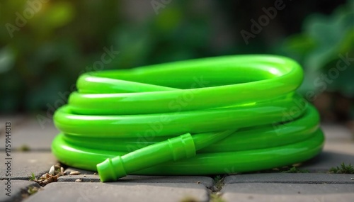 Bright Green Garden Hose Coiled on Patio ? Spring Cleaning, Gardening, and Watering Essentials