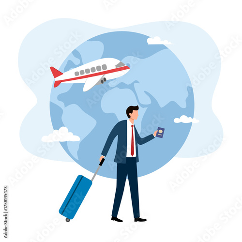 Businessman or entrepreneur carrying suitcase hurries to board departing aircraft. Concept of business travel or tourism, work in trip. 