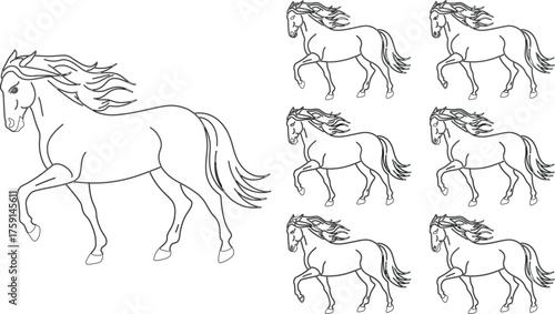Outlined Horses with Flowing Manes in Multiple Poses, Black and White Illustration