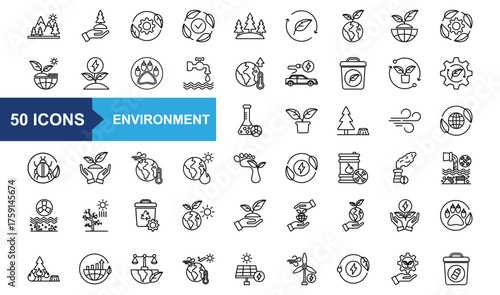 Environment icon set. Containing  nature, environtment, reuse, renewable, trees, eco, earth, ecology, recycling, ecosystem, green energy