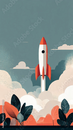 Dynamic flat design illustration of a rocket launching into a clear sky, symbolizing innovation, ambitious startups, and rapid progress towards future success