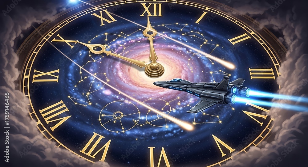 Naklejka premium Time Travel - Spaceship Soaring Through a Clockwork Galaxy.