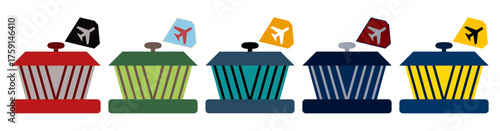 Vector illustration of colorful airport terminal icons featuring airplane tickets in a flat modern style