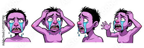 A cartoon vector illustration of a man with a purple body crying in panic, screaming with tears, fear, and stress expressions.
