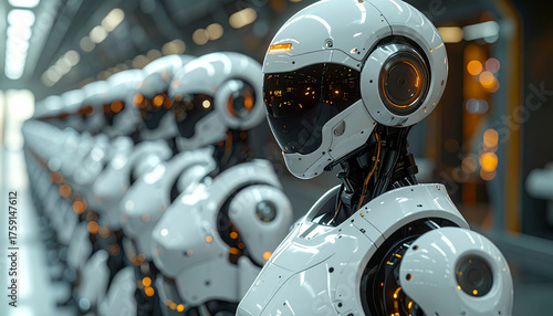 Row of identical humanoid robots in a clean, futuristic factory or lab.