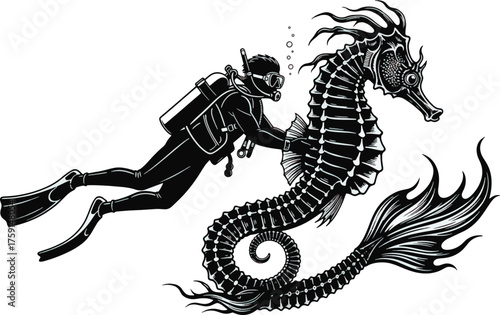 Scuba diver with seahorse vintage engraved illustration marine life exploration concept
