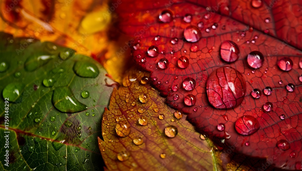 Fototapeta premium Macro Raindrops on Vibrant Fall Leaves: Close-Up of Wet Autumn Foliage Texture