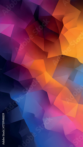 Vibrant abstract geometric background with dynamic color gradient polygons. Modern digital art features a mesmerizing multifaceted texture, ideal for contemporary design