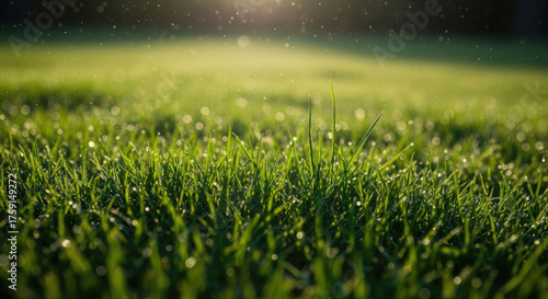 Fototapeta Naklejka Na Ścianę i Meble -  Fresh green grass with morning dew drops sparkling in sunlight, close-up nature background perfect for outdoor and gardening themes