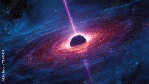 A cosmic vista A black hole consumes matter amidst swirling nebulae and brilliant particle beams