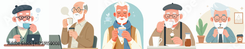Elderly Men Drinking Coffee Vector Set – Cute Senior Man Characters Enjoying Hot Drink, Relaxing at Café, Morning Tea, Lifestyle Illustration, Cozy Moment, Retirement Concept in Flat Cartoon Style