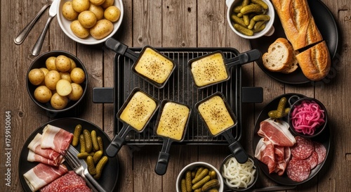 Cheese melts in cooking trays on a raclette grill with accompaniments.