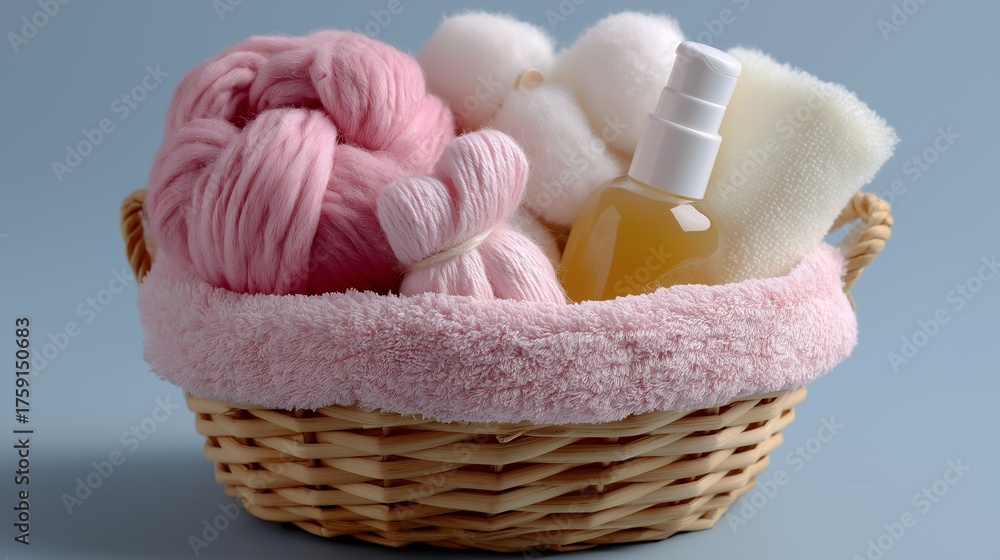 Obraz premium A pink yarn soft towel wicker basket baby gift bath sponge liquid soap pastel color cozy texture home spa gentle care with calm mood and warmth pink yarn soft towel wicker basket baby gift bath