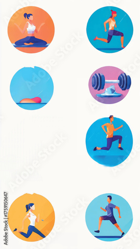 A collection of circular icons depicting various fitness activities and exercises for a healthy lifestyle.