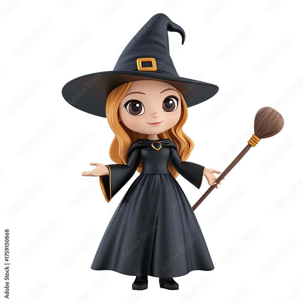 Naklejka premium A cute, blonde-haired witch in a black dress with a broom in her hand.