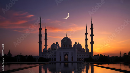 Majestic mosque silhouetted against a vibrant sunset sky with crescent moon
